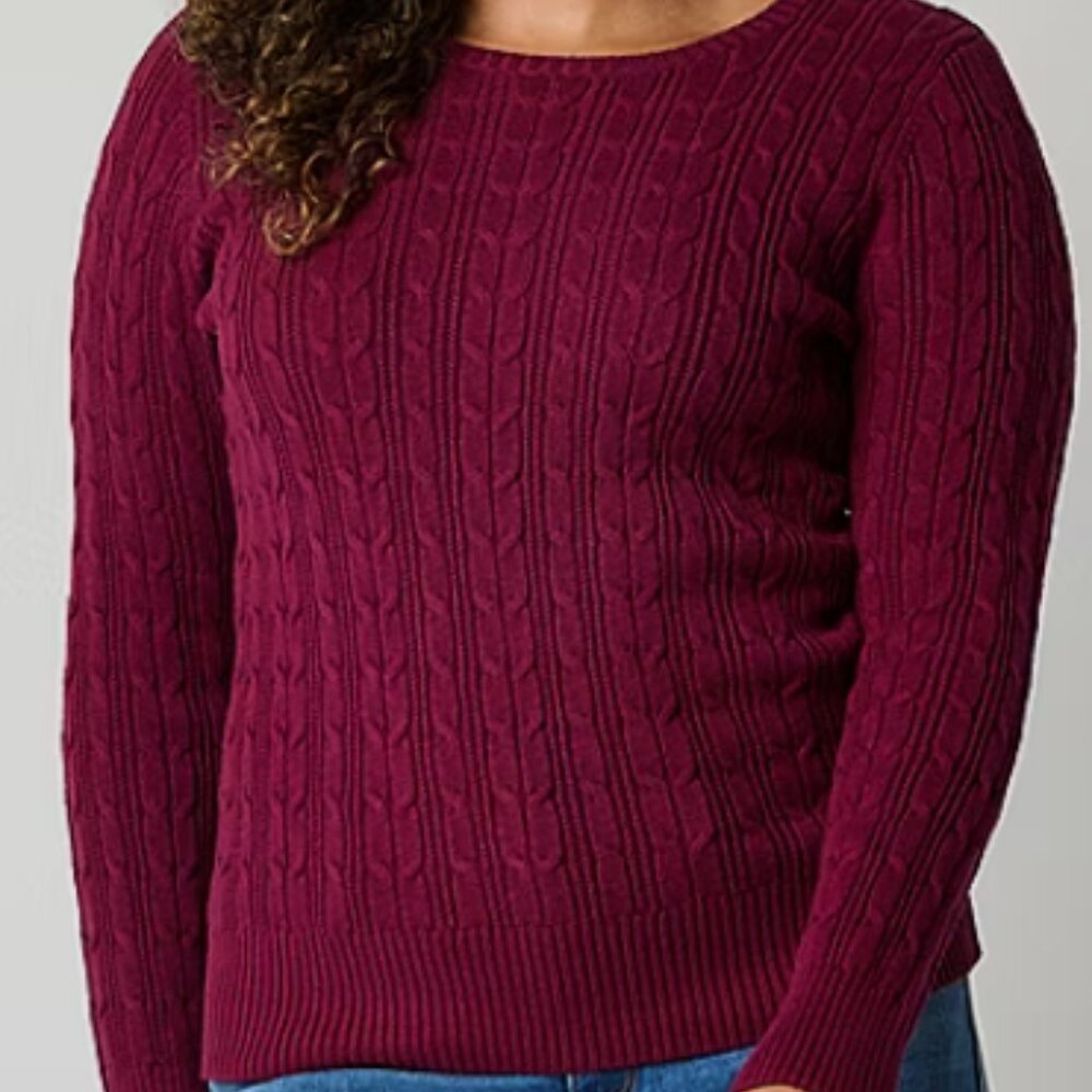 ST JOHNS BAY ladies Crew Neck Cable Knit Sweater MED Deep Ruby NWTS